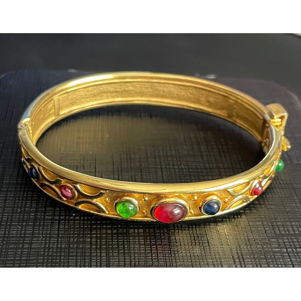 Vintage Hinged Bangle Bracelet Designer Quality Mogul Gold Tone Signed DG 1999